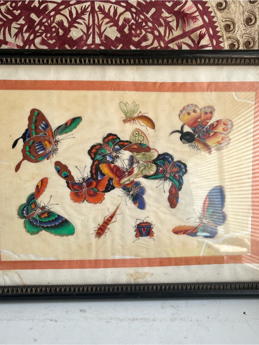 Antique Chinese hand painted 19th century butterfly pith paper painting